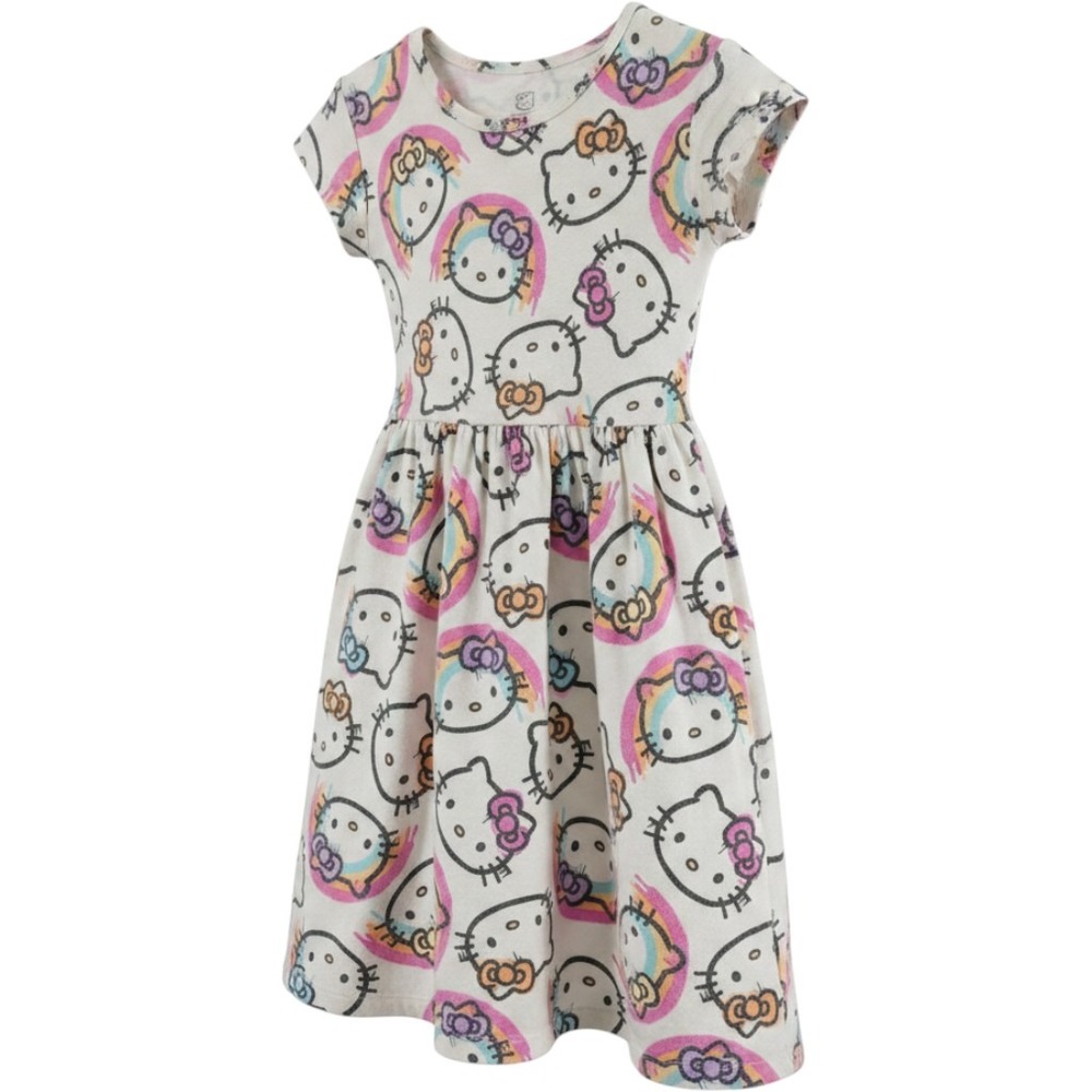 Hello Kitty Sanrio Girls Rainbow Skater Dress Short Sleeve Cream Size M 7/8